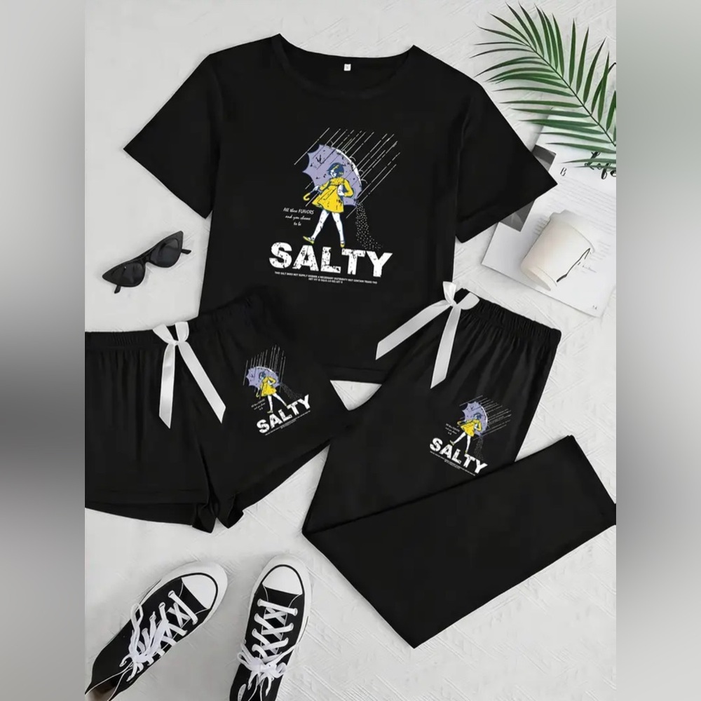Women’s “Salty” 🧂 Black Graphic Pajama 3 Piece Set Size XL ~ NEW - Picture 6 of 13